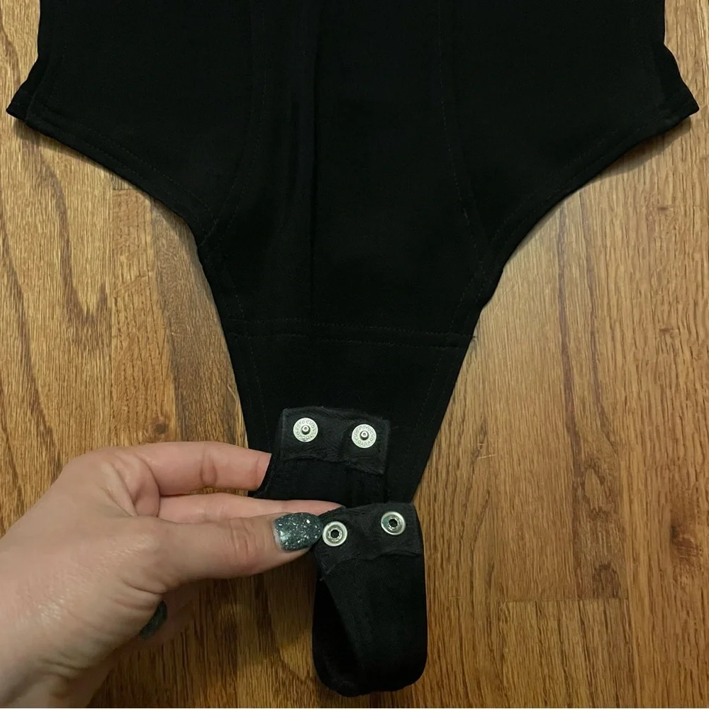 Tadashi Black Long Sleeve Rhinestone Embellished Mesh Thong Bodysuit size M - Picture 6 of 14